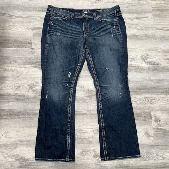 Silver Jeans Co. Distressed Bootcut Jeans Dark Wash Denim White Stitch Size 24 - Picture 1 of 12